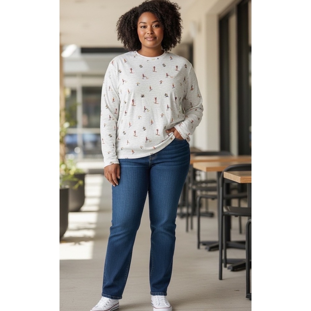 Lane Bryant White Winter Ski Novelty Print‎ Long Sleeve Cotton Tee 22/24-Comfort